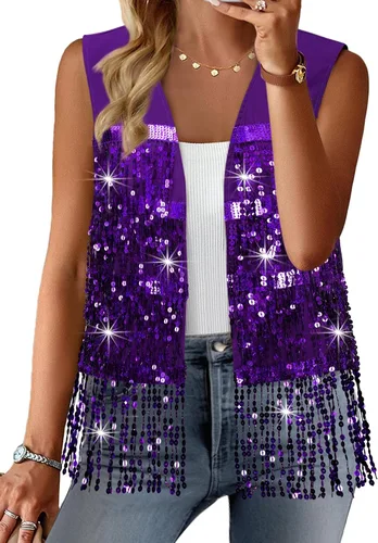 Vista 8 de ZXZY Womens Sequin Fringe Sleeveless Vest Sparkly Jacket Cardigan Negro