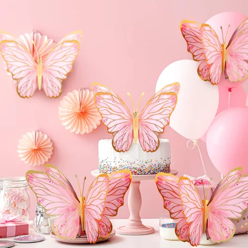 Vista 5 de Geyee - 10 centros de mesa grandes de mariposa 3D, color rosa