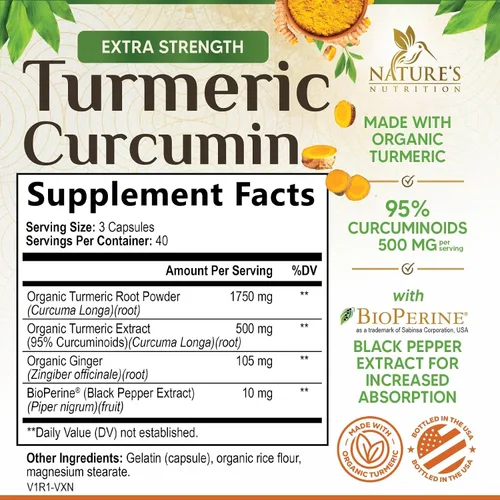 Vista 2 de Suplemento de curcumina de cúrcuma de 1750 mg con cúrcuma y jengibre orgánicos, 95% curcuminoides, pimienta negra BioPerine para una mejor