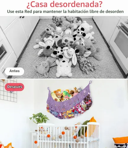Vista 2 de Hamaca extra grande de red para animales de peluche – [56 pulgadas de largo/macramé tejido a mano/lavanda] Hamaca de almacenamiento para pared