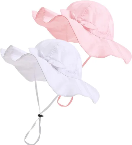 Vista 23 de Sombrero de sol para bebé niña con UPF 50+ sombrero de playa ajustable para exteriores con ala ancha Beige