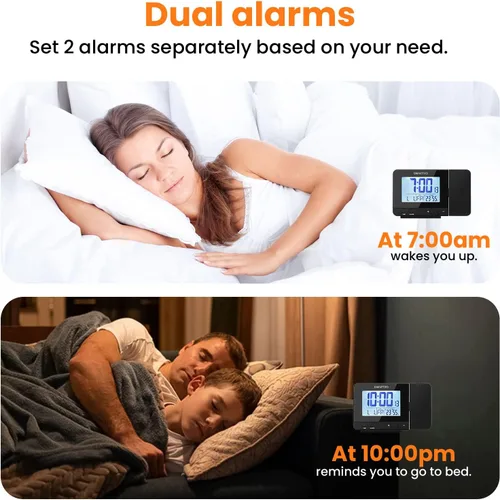 Vista 8 de SMARTRO - Reloj despertador digital de proyección para dormitorios con termómetro interior higrómetro, cargador USB, proyector de mesita de noche
