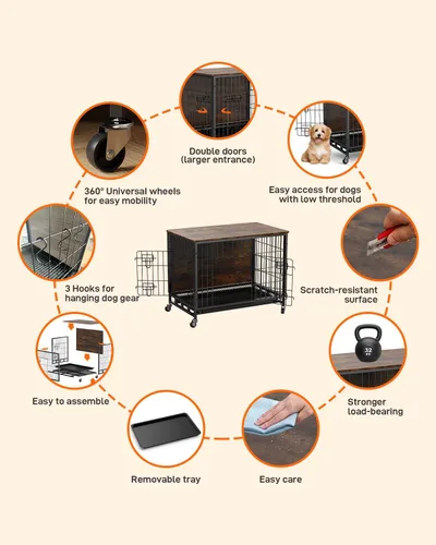 Vista 7 de Furniture Style - Jaula para perros con bandeja extraíble y ruedas, mesa auxiliar de jaula de doble puerta resistente, 38.6 pulgadas, casa de Marrón