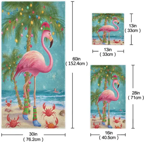 Vista 3 de Pfrewn Juego de 3 toallas de baño de Navidad con flamenco tropical, palmera y cangrejo, toallas de baño, suaves y absorbentes, toallas de mano