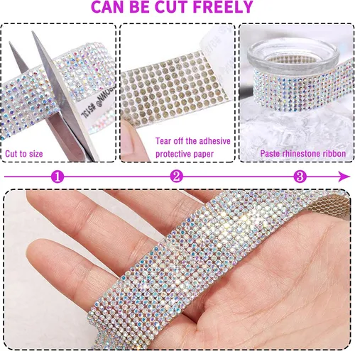 Vista 3 de 4 Rollos de Cinta Autoadhesiva de Diamantes de Imitación de Cristal, Cinta de Diamantes Bling con Adhesivos de 2 mm para Manualidades, Boda, AB