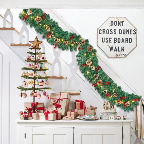 Vista 5 de GUOOU Guirnalda de Navidad Iluminada de 9 Pies (2.7 m), Guirnalda de Navidad a Pilas con Luces, Corona Guirnalda Preencendida para Decoraciones