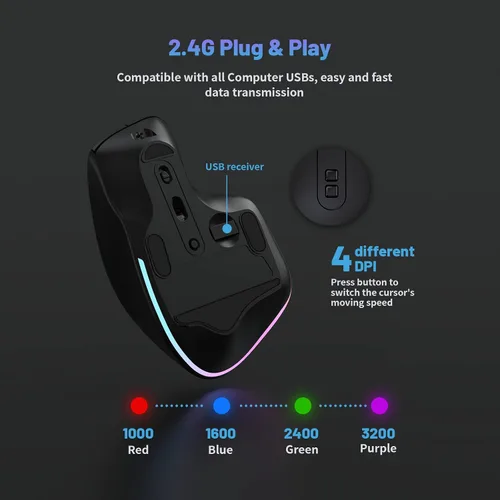 Vista 4 de CIDOO Mouse inalámbrico ergonómico RGB retroiluminado mouse Jiggler con modo de zoom movimiento automático indetectable mouse de lupa USB