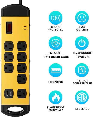 Vista 2 de Oviitech Tira de alimentación de metal resistente con 8 salidas de protección contra sobretensiones con 2 puertos de carga USB (2.4A), 1800 julios