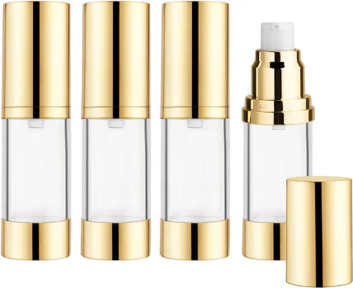Vista 11 de 4 botellas de plástico transparente sin aire de 0.5 fl oz/0.5 oz con cabeza dorada, vacíos, rellenables, al vacío, cosméticos, almacenamiento