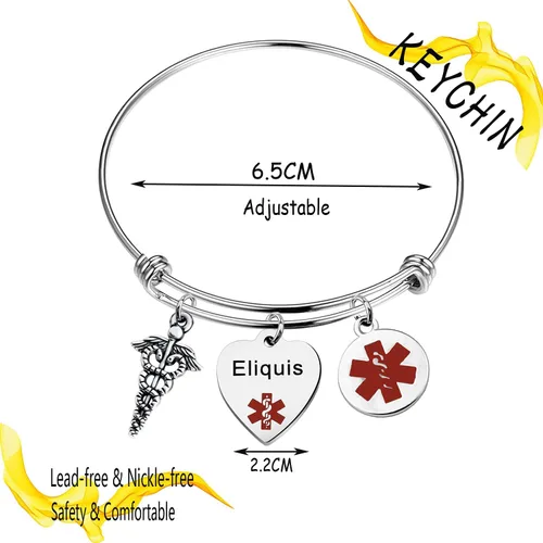 Vista 2 de KEYCHIN Pulsera de acero de grado quirúrgico con alerta médica para hombres y mujeres, epilepsiaanticoagulante de la sangre SOS pulseras médicas