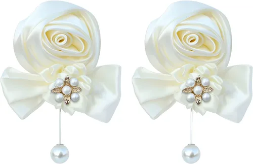 Vista 3 de Boutonniere de rosas de satén, 2 piezas para boda, novio, padrino, padrino, mejor hombre, padre, alfiler de solapa, agujero de botón, flor