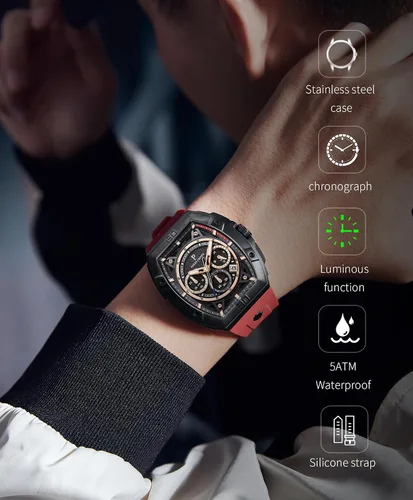 Vista 6 de Paras Crown Relojes para hombre, Tonneau 5ATM, impermeable, de cuarzo, cronógrafo, analógico, de cuarzo, analógico, reloj de pulsera para hombre