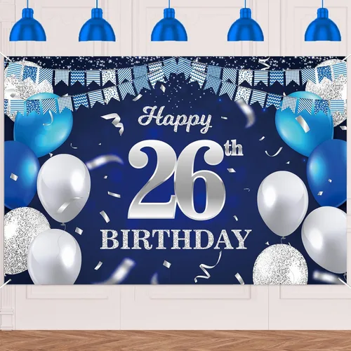 Vista 64 de Bandera de feliz primer cumpleaños con fondo azul marino, globos, confeti, bandera de rayas, luces de puntos, felicitaciones por el tema de 1 año