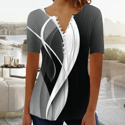 Vista 2 de SMIDOW Womens Tunic Tops Trendy Vintage Boho Shirts Short Sleeve Notch v Neck t-Shirt 2023 Casual Summer Blouse Empire Waist