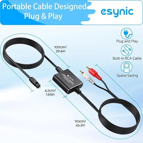 Vista 8 de eSynic Adaptador óptico portátil a RCA de 7 pies de largo, convertidor DAC de 192 kHz Plug & Play, convertidor de audio digital a analógico