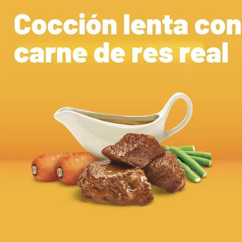 Vista 4 de Alimento húmedo para perros adultos Pedigree, trocittos de carne con salsa 100% complete & balanced, made with real beef, supports lean muscles
