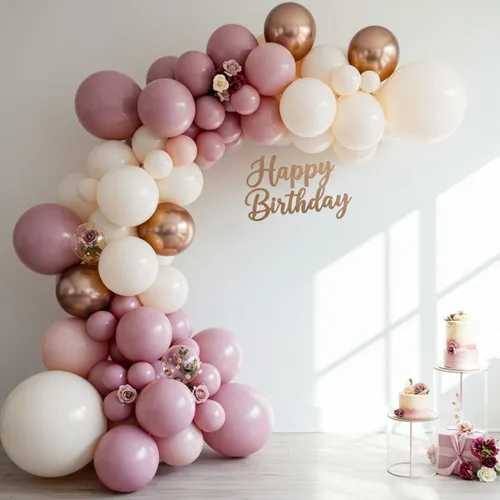 Vista 4 de Kit de arco de globos rosa, blanco y dorado champán, kit de guirnalda de globos de doble relleno, color rosa polvoriento, con mariposas para feliz