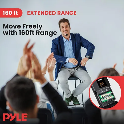 Vista 3 de Pyle Kit de Sistema de Micrófono Inalámbrico UHF - Set de Micrófono Inalámbrico Profesional Portátil Cordless - Auriculares, Lavalier, Transmisor