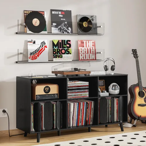 Vista 3 de Oubayajia Soporte Grande para Tocadiscos, Soporte de Almacenamiento de Discos de Vinilo, Mesa para Tocadiscos con Toma de Corriente, Soporte