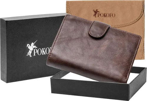 Vista 6 de POKOFO Gran RFID Cuero Genuino Tarjetero Trifold Wallet Snap Cierre 3 ID Windows para los hombres