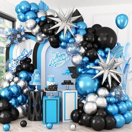Vista 10 de Kit de arco de globos azul marino y negro, guirnalda de globos con globos de papel de aluminio metálico plateado blanco oscuro globos de látex