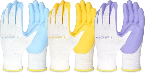 Vista 10 de HANDLANDY Guantes de jardinería para mujer, 3 pares de guantes de trabajo transpirables con revestimiento de nitrilo, el mejor regalo para mujeres