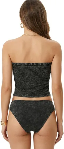 Vista 3 de MixMatchy Top de tubo para mujer con brasier integrado, top bandeau sin tirantes de doble capa, parte superior casual con fruncido lateral Y2K Negro
