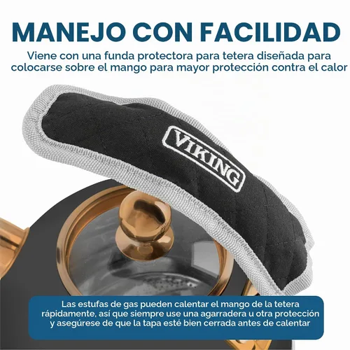 Vista 5 de Tetera de acero inoxidable Viking de 3 capas, 2.6 cuartos de galón para estufa con tapa de vidrio templado, mango ergonómico, lista para inducción