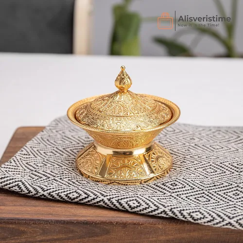 Vista 3 de Alisveristime Azucarero tradicional otomano turco hecho a mano con tapa (diámetro 3.34 pulgadas, longitud 3.54 pulgadas), motivos intrincados, ideal