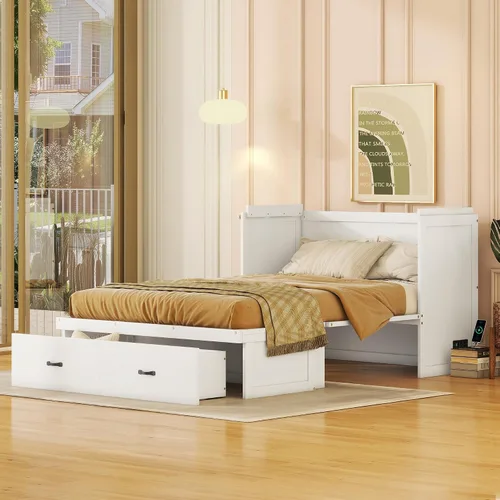 Vista 15 de Baúl móvil Murphy de tamaño Queen con módulo USB integrado de doble alimentación/USB, armario moderno y tradicional de madera maciza con cajón Gris-A