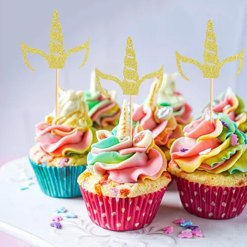Vista 3 de 24 piezas de decoración de cupcakes de cuerno de unicornio para temática de unicornio, baby shower, cumpleaños, boda, compromiso, fiesta Cuerno