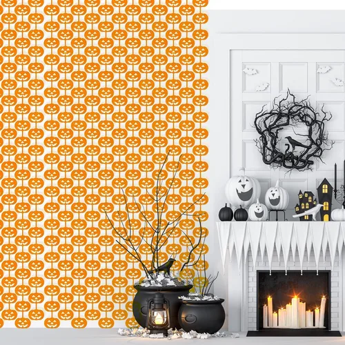 Vista 5 de Paquete de 2 cortinas de flecos metálicos de Halloween de 3.2 x 6.6 pies, cortinas de oropel en forma de calabaza naranja, accesorios para fotos