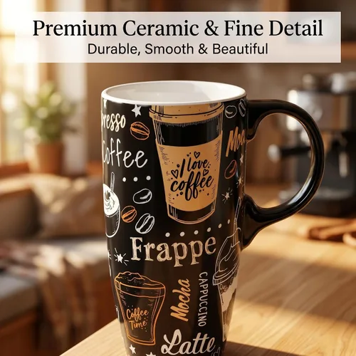 Vista 4 de Topadorn Taza de Café de Cerámica Taza de Viaje Regalo con Tapa 17oz, Taza de Té Alta de Porcelana con Asa para el Hogar y la Oficina, Taza