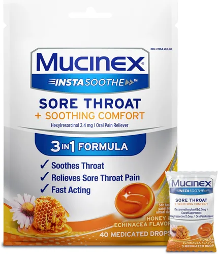 Vista 9 de Mucinex InstaSoothe Dolor de garganta + calmante sabor a miel y equinácea, acción rápida, potente analgésico oral para el dolor de garganta, 40