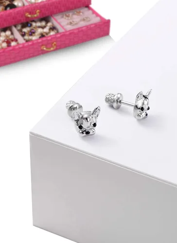 Vista 3 de Aretes para niñas, aretes hipoalergénicos de bulldog francés para niñas, tornillos de tuerca en la parte trasera de seguridad, poste de orejas ultra