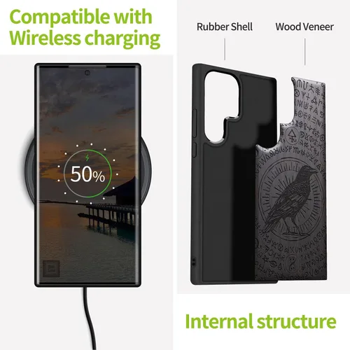 Vista 4 de Carveit Funda de madera para Galaxy S22 Ultra [madera natural y TPU suave negro] a prueba de golpes, diseño único de madera compatible con Samsung