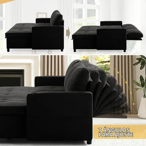 Vista 5 de Sofá cama extraíble de tela de 84 pulgadas con respaldos ajustables, color negro