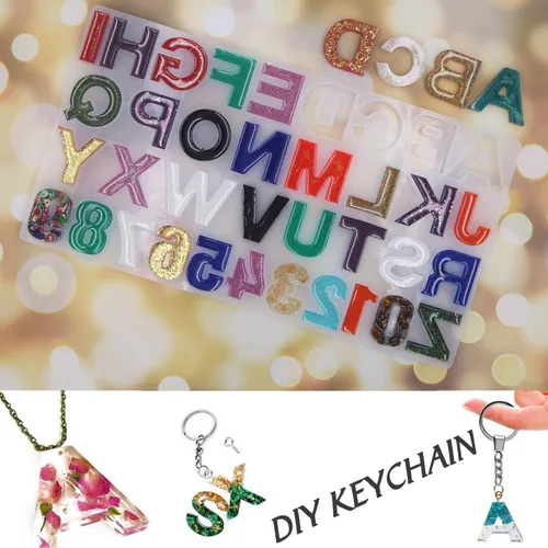 Vista 5 de EuTengHao Juego de 272 moldes de resina de silicona con letras y números, moldes de epoxi, llaveros de resina para joyería con llavero, anillos
