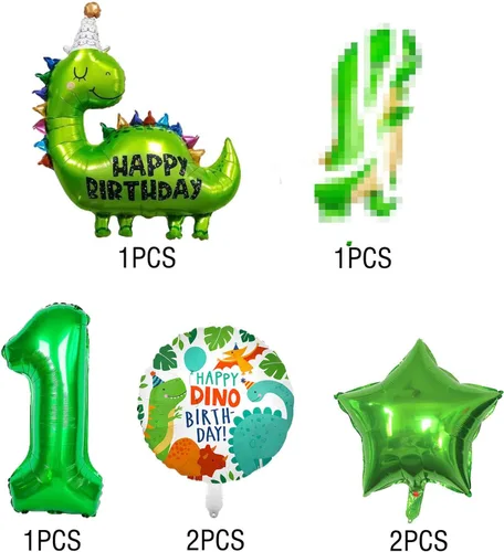 Vista 4 de Decoraciones de dinosaurio de primer cumpleaños - Globos de aluminio de dinosaurio y suministros de fiesta para niños