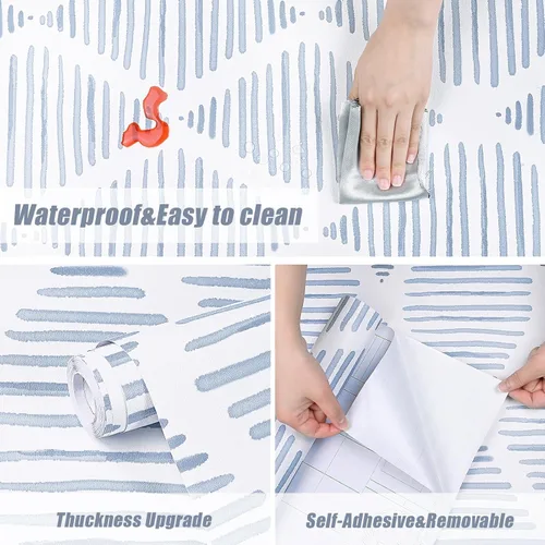 Vista 5 de WENMER Papel tapiz geométrico para despegar y pegar de 17.3 x 118 pulgadas, papel tapiz de rayas azules y blancas, papel de contacto geométrico