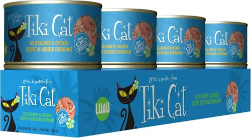 Vista 2 de Tiki Cat Luau - Comida húmeda sin granos, baja en carbohidratos, con aves de corral o peces en consomé para gatos adultos y gatitos.