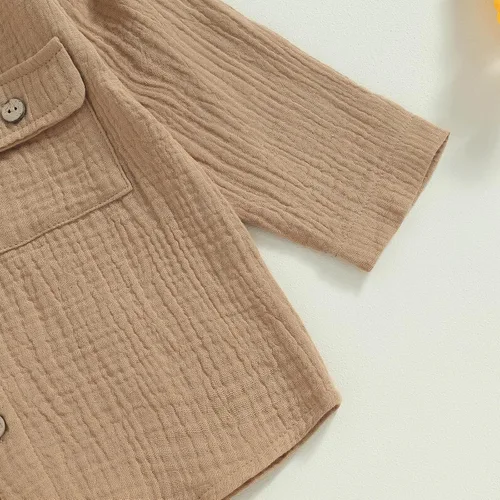Vista 5 de Conjunto de ropa de algodón y lino de manga larga con botones y pantalones con cordón para bebé