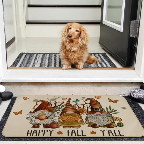 Vista 4 de AnyDesign Happy Fall Y'all - Felpudo de otoño, gnomo, girasol, mariposa, tapete de entrada con goma antideslizante para cosecha de otoño, alfombra