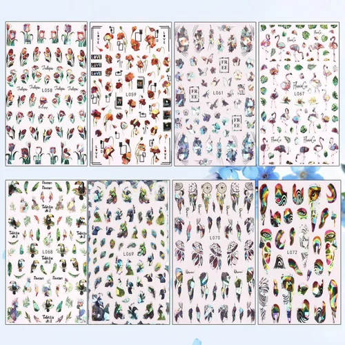Vista 7 de 8 hojas de calcomanías de arte de uñas de flores de animales, calcomanías autoadhesivas 3D de mariposas, pavo real, suministros de arte de uñas