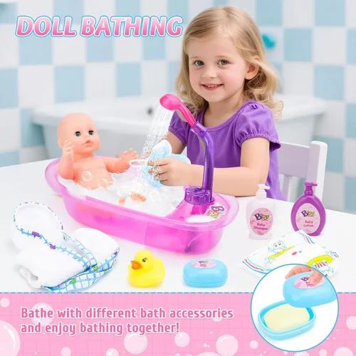 Vista 3 de deAO Juego de muñeca bebé, juego de muñeca de 13 pulgadas para hora del baño con spray de ducha funcional y accesorios para niños, muñeca bebé