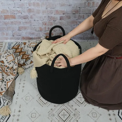 Vista 3 de XUANGUO Cesta de cuerda de algodón negro para ropa sucia, cesta de almacenamiento tejida para sala de estar, dormitorio, cesta de cuerda alta