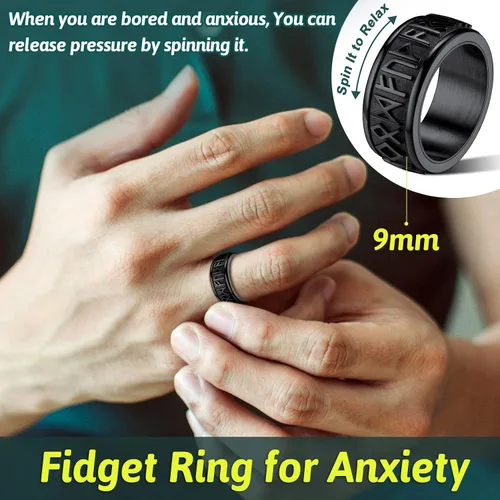 Vista 3 de FaithHeart Anillo de runas giratorias vikingas nórdicas de acero inoxidablechapado en oro, anillos giratorios para hombres y mujeres, puede grabado