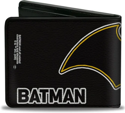 Vista 2 de Buckle-Down Billetera de DC Comics para hombre, plegable, con logotipo de murciélago de Batman, primer plano, negro, blanco, amarillo, cuero vegano