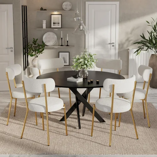 Vista 24 de Moderno juego de mesa de comedor redonda de 3 piezas, mesa de MDF circular negra y 2 sillas de comedor negras Boucle, muebles de cocina con marco