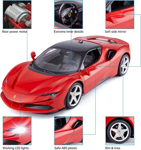 Vista 5 de RASTAR 1/14 Ferrari SF90 Stradale Coche con control remoto por radio, modelo de auto de juguete Ferrari SF90 para niños y niños, 2.4G